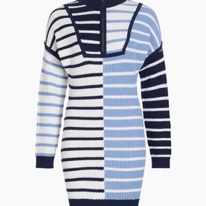STAUD Navy, Light Blue & White Striped Zip Knit Sweater
